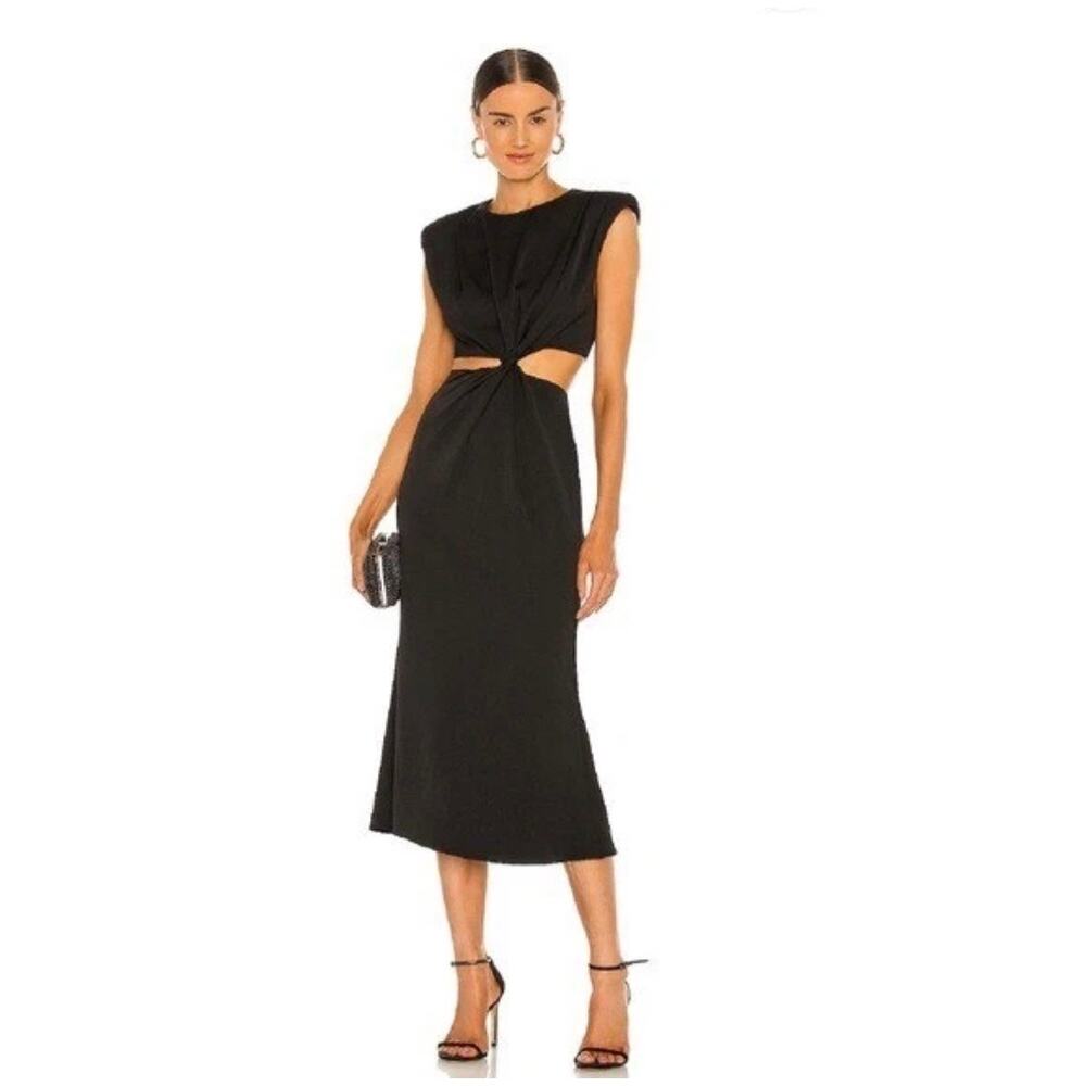 MISHA Women's Cut Out Midriff Midi Dress Sleeveless Domenica Shoulder Pads sz 8